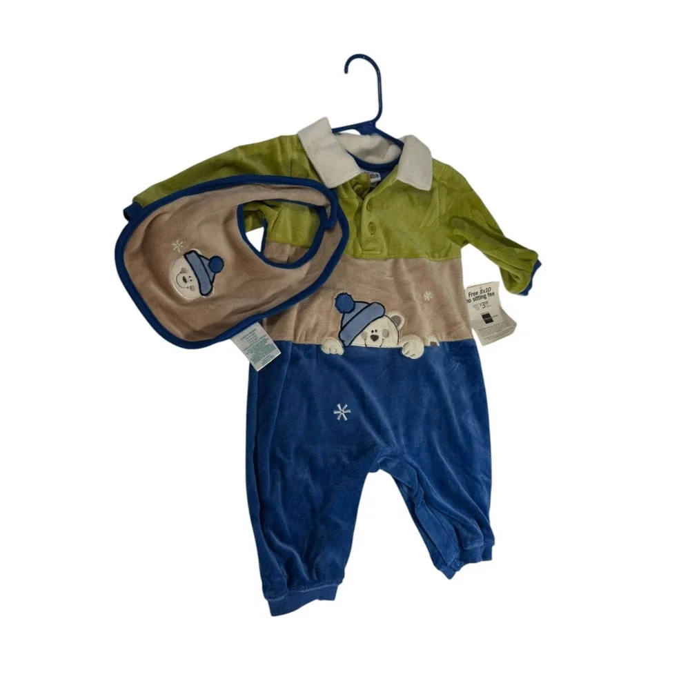 Vintage Okie Dokie Baby Velour Jumpsuit with Bib Infant 6-9 months